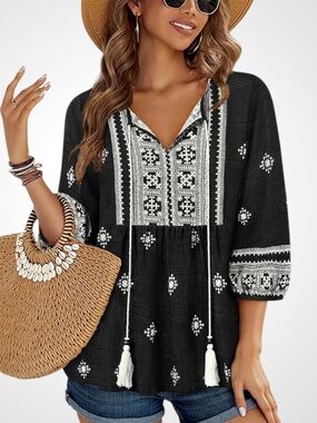 Vivilli Black Boho Tunic Top with Tassel Tie Large